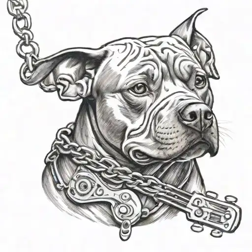 Create a tattoo design featuring a pitbull wearing a chain with a guitar pendant, representing the client's favorite things - dogs, music, and jewelry tattoo design idea