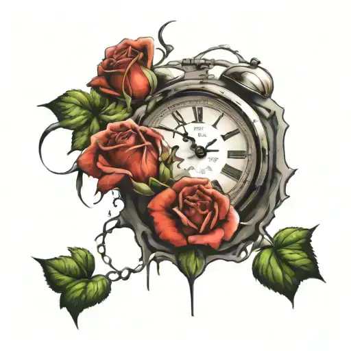 broken clock with rose growin out of it  tattoo design idea