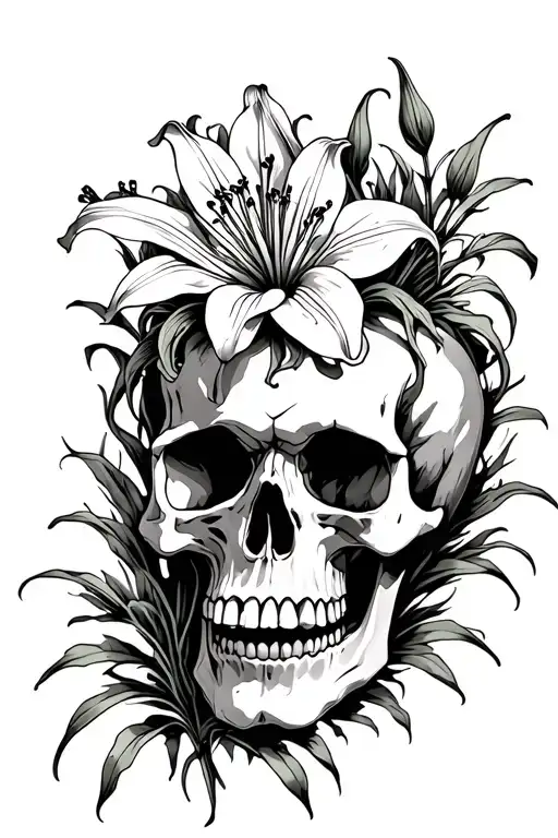 Overgrown Skull with Spider Lily Flower growing out of it tattoo design idea