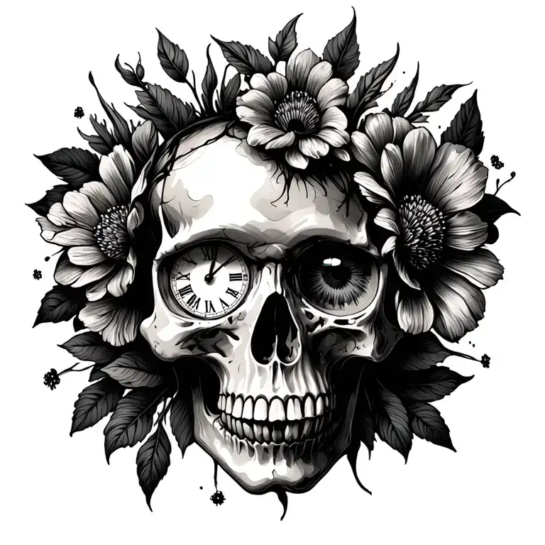 Skull with clock in left eye and flowers coming out the right eye tattoo design idea