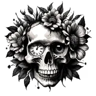 Skull with clock in left eye and flowers coming out the right eye tattoo design idea
