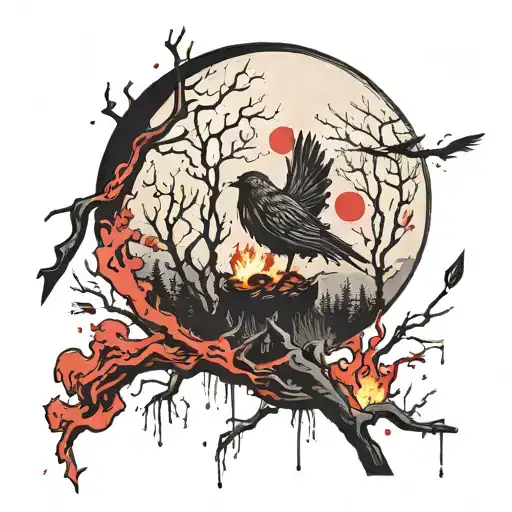 Moon shining over a campfire surrounded by ghoulish trees with a flying bird struck by an arrow tattoo design idea
