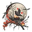 Moon shining over a campfire surrounded by ghoulish trees with a flying bird struck by an arrow tattoo design idea