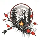 Moon shining over a campfire surrounded by ghoulish trees with a flying bird struck by an arrow tattoo design idea