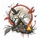 Moon shining over a campfire surrounded by ghoulish trees with a flying bird struck by an arrow tattoo design idea