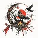 Moon shining over a campfire surrounded by ghoulish trees with a flying bird struck by an arrow tattoo design idea