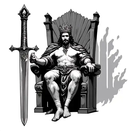 king sitting on a throne with sword of Damocles tattoo design idea