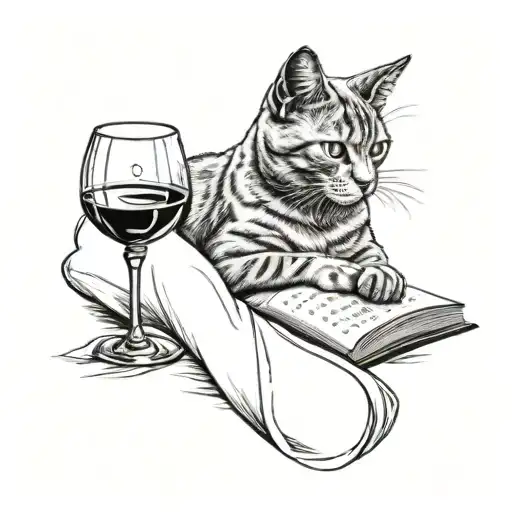 cat, book, wine glass, window tattoo design idea