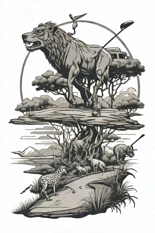 golf course landscape scene featuring various animals tattoo design idea