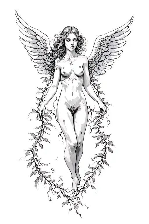 angel falling wrapped round poison ivy vines tattoo design idea