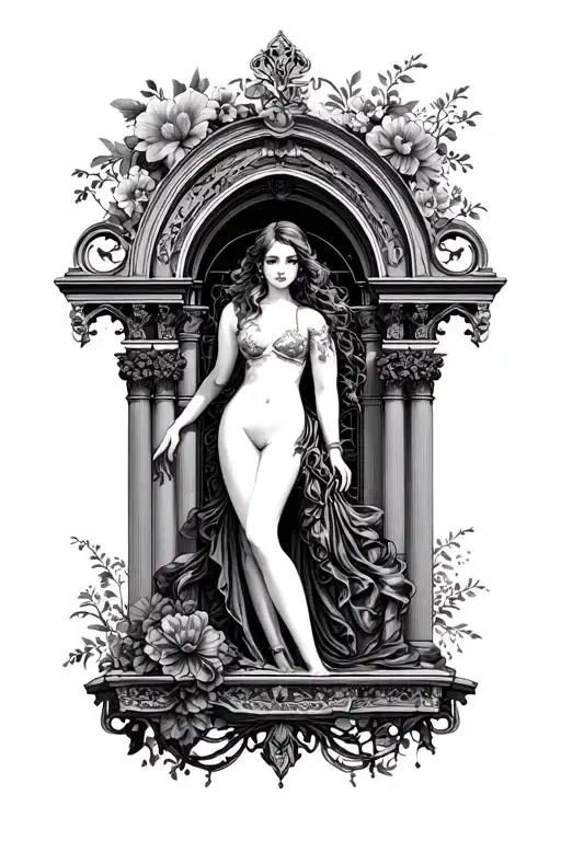 art nouveau with female form with architecture, Gothic arch,  bridge and floral in draped tattoo design idea