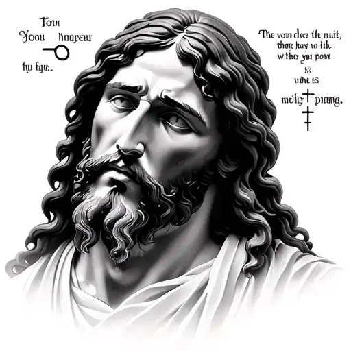 jesus face with bible verse written clouds and crosses tattoo design idea