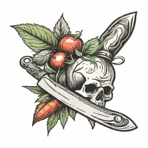 a chef's knife with a skull on the blade with green leaves behind and a red onion, a tomato and a carrot next to it tattoo design idea