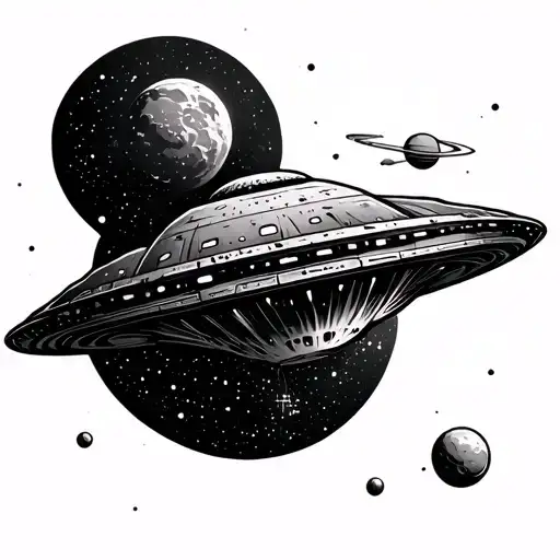 ufo alien planet space simple black and white tattoo design idea