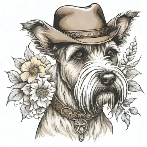 wheaten female schnauzer with cowgirl hat and brown eyes and a collar with flowers  with western background tattoo design idea