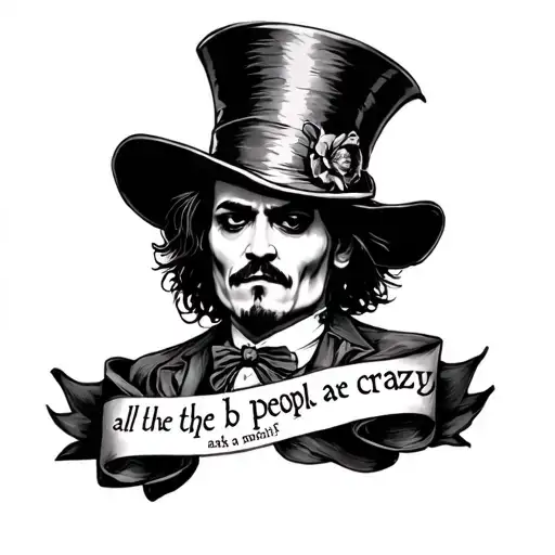 Johnny Depp Version Mad hatter outline with a saying all the best people are crazy tattoo design idea