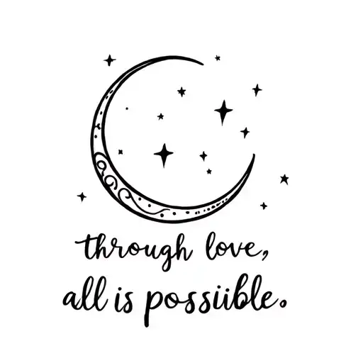 fineline crescent moon and the text "through love, all is possible" in handwritten with tiny star accents  tattoo design idea