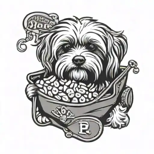 havanese dog carrying a bag of jelly beans that say papas as the brand  tattoo design idea