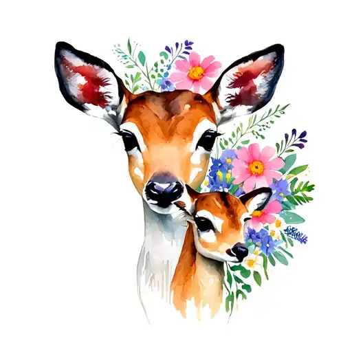 head of a doe and her fawn surrounded by a bouquet of cosmos flowers mor pankh tattoo design idea