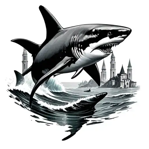 Hammerhead and Mako Shark swimming around some waves with some iconic Tenerife landmarks in it tattoo design idea