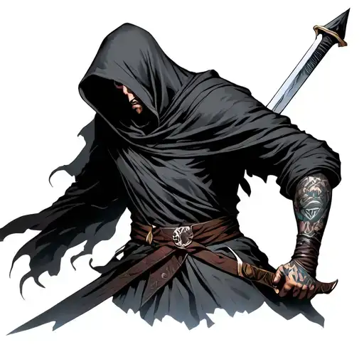The assassin is in full height with a hood, his face is almost invisible, the hilt of the sword is behind his back tattoo design idea
