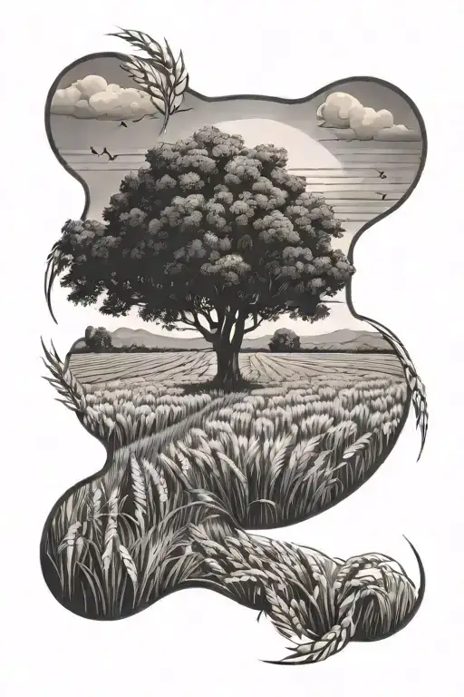 wheat field and tree surrounded tattoo design idea