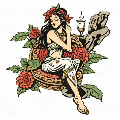 the Virgo maiden with pieces of rocks floating around  tattoo design idea