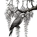 rainbow lorikeet hanging upside down in a Japanese wisteria tree tattoo design idea