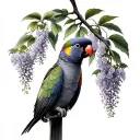 rainbow lorikeet hanging upside down in a Japanese wisteria tree tattoo design idea