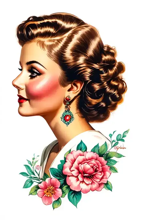 side profile female face 1950s style tattoo design idea