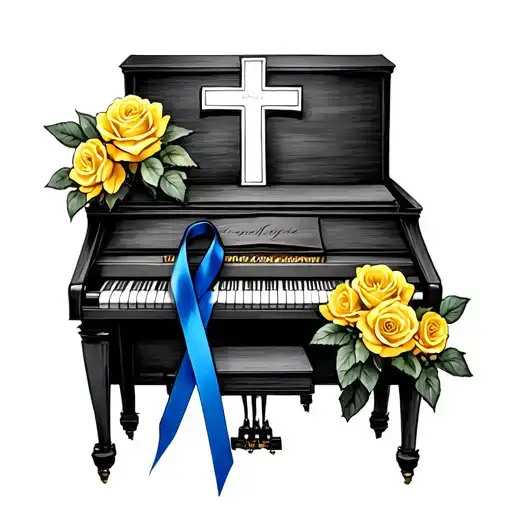 spinet piano, yellow roses, cross with blue cancer ribbon, books tattoo design idea