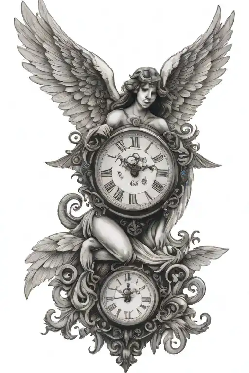 angel with large wings around 2 clocks side by side tattoo design idea