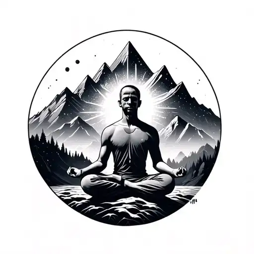a guy meditating in front of a mountain peak connecting with universe energy. geometric tattoo design idea