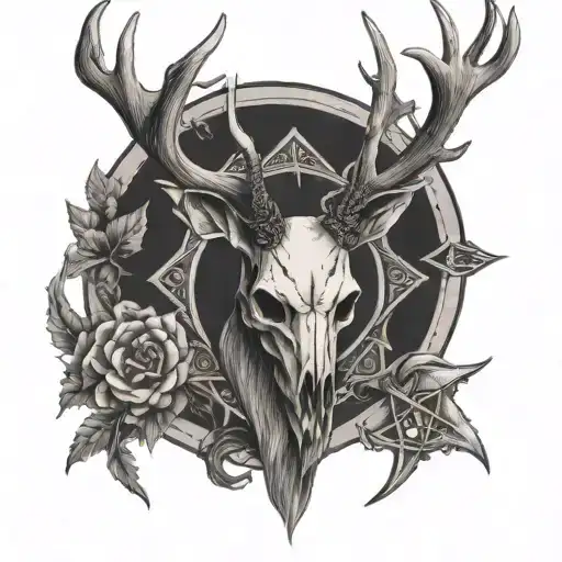 stag skull with large antlers male with pentacle decorated tattoo design idea