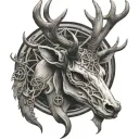 stag skull with large antlers male with pentacle decorated tattoo design idea
