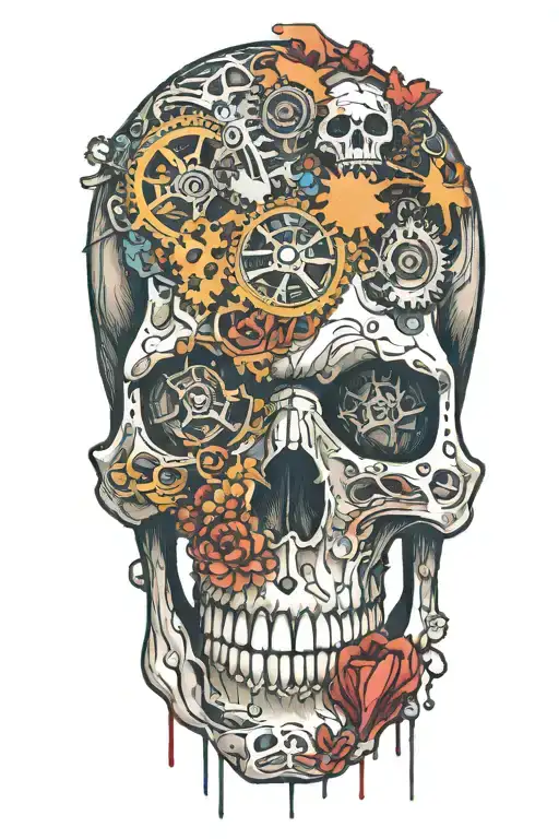 overthinking scull gears with broken heart tattoo design idea