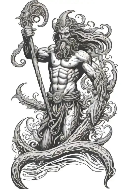 posiedon emerging from the ocean with trident, with the kraken in the background tattoo design idea