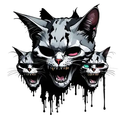 undead cat with 3 heads tattoo design idea