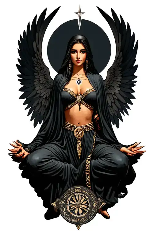 isis godess knealing with cartouche in wings tattoo design idea