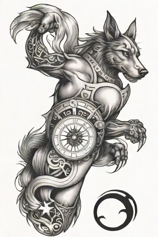 Sleeve tatto with spartan, playing cards, bobsled, compass, boo and a kelpie  tattoo design idea
