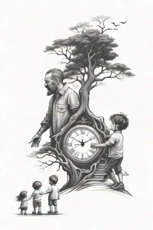 father holding hands with son and daughter walking up steps to tree of life with clock tattoo design idea