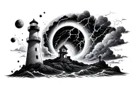 lighthouse, black hole, planet, lightning, storm tattoo design idea