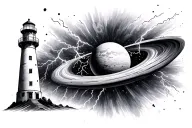 lighthouse, black hole, planet, lightning, storm tattoo design idea