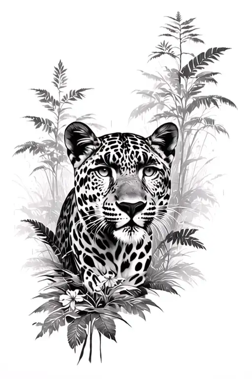 full length sleeve animal realism black and white leopard with rain forest environment tattoo design idea
