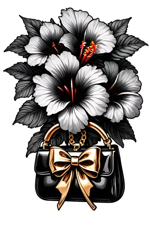 bouquet of hibiscus flowers with a black purse charm with a gold bow tattoo design idea