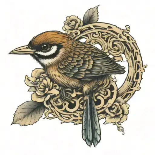 wren holding skeleton key tattoo design idea