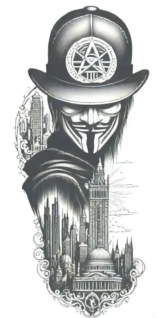 v for vendetta. hat with city skyline in the background tattoo design idea