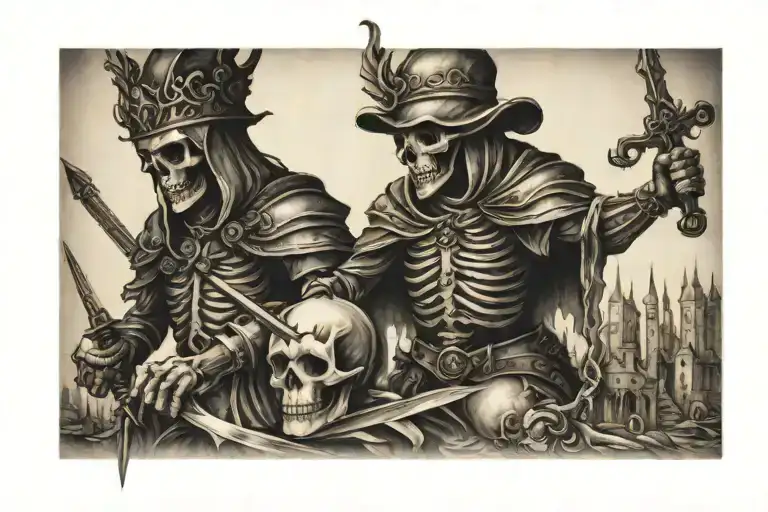 renaissance castle, skeleton king, skeleton jester sword fighting  tattoo design idea