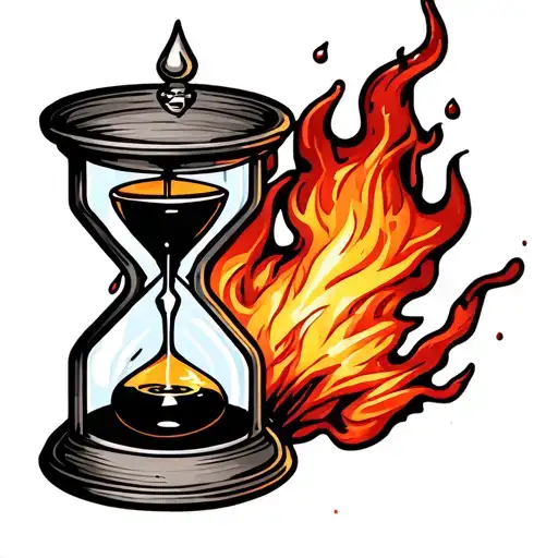 Sleeve tattoo on the arm, hourglass, silver stefa on fire, drop of blood, four brothers, inscription time heals all, tattoo design idea