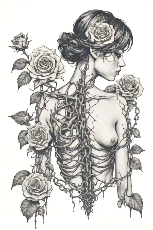 Silhouette of a girl with short hair, bare chest, roots growing out of chains, roses, decaying flesh tattoo design idea